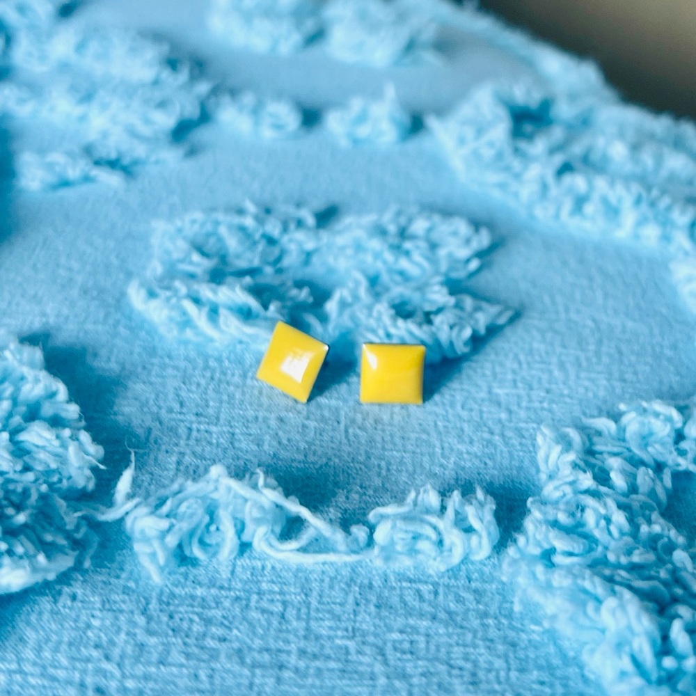 Vintage Tiny Yellow Enamel Square Post Earrings